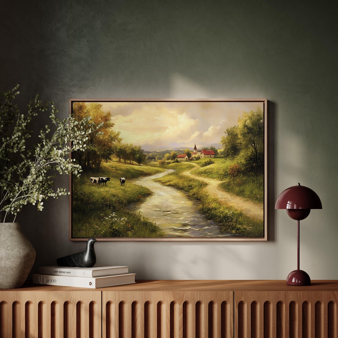 Vintage Farm River Landscape, Rustic Pastoral Scene - Image 2