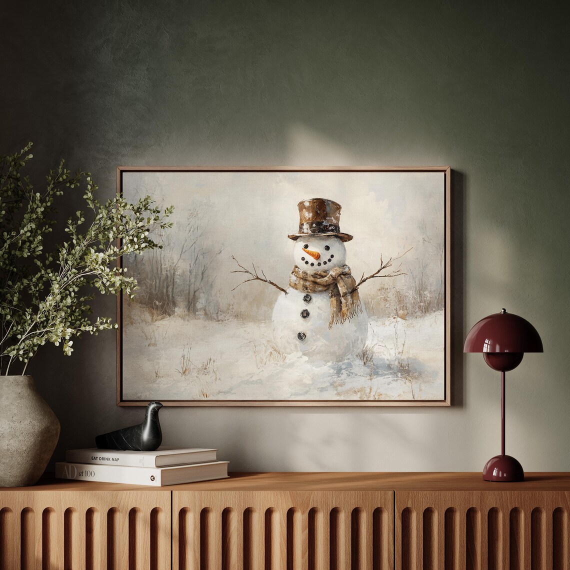 Classic Snowman With Top Hat And Scarf In Snowy Winter Scene Wall Art - Image 4