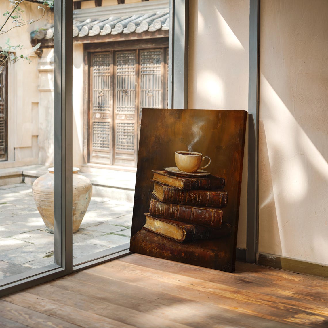Cozy Coffee Cup On Vintage Books Warm Tones Rustic Still Life Poster - Image 7