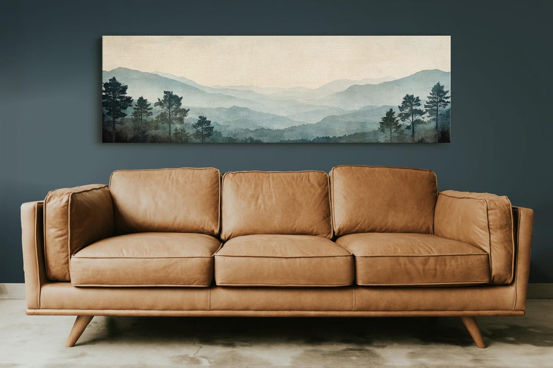 Foggy Blue Mountain Layers With Pine Trees Minimalist Panoramic Poster - Image 3
