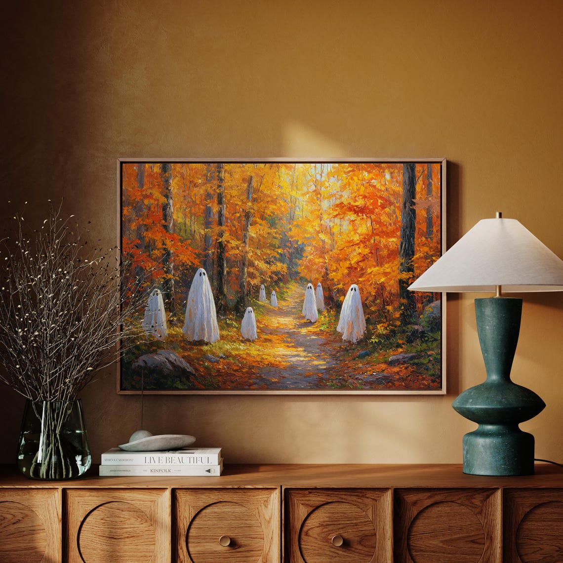 Sheet Ghosts on Autumn Forest Path Whimsical Fall Landscape Poster