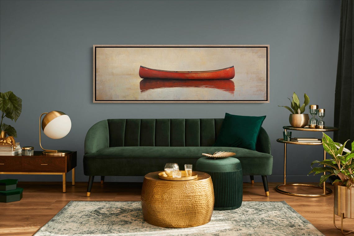 Red Canoe Minimalist Panoramic Still Water Reflection Poster - Image 7
