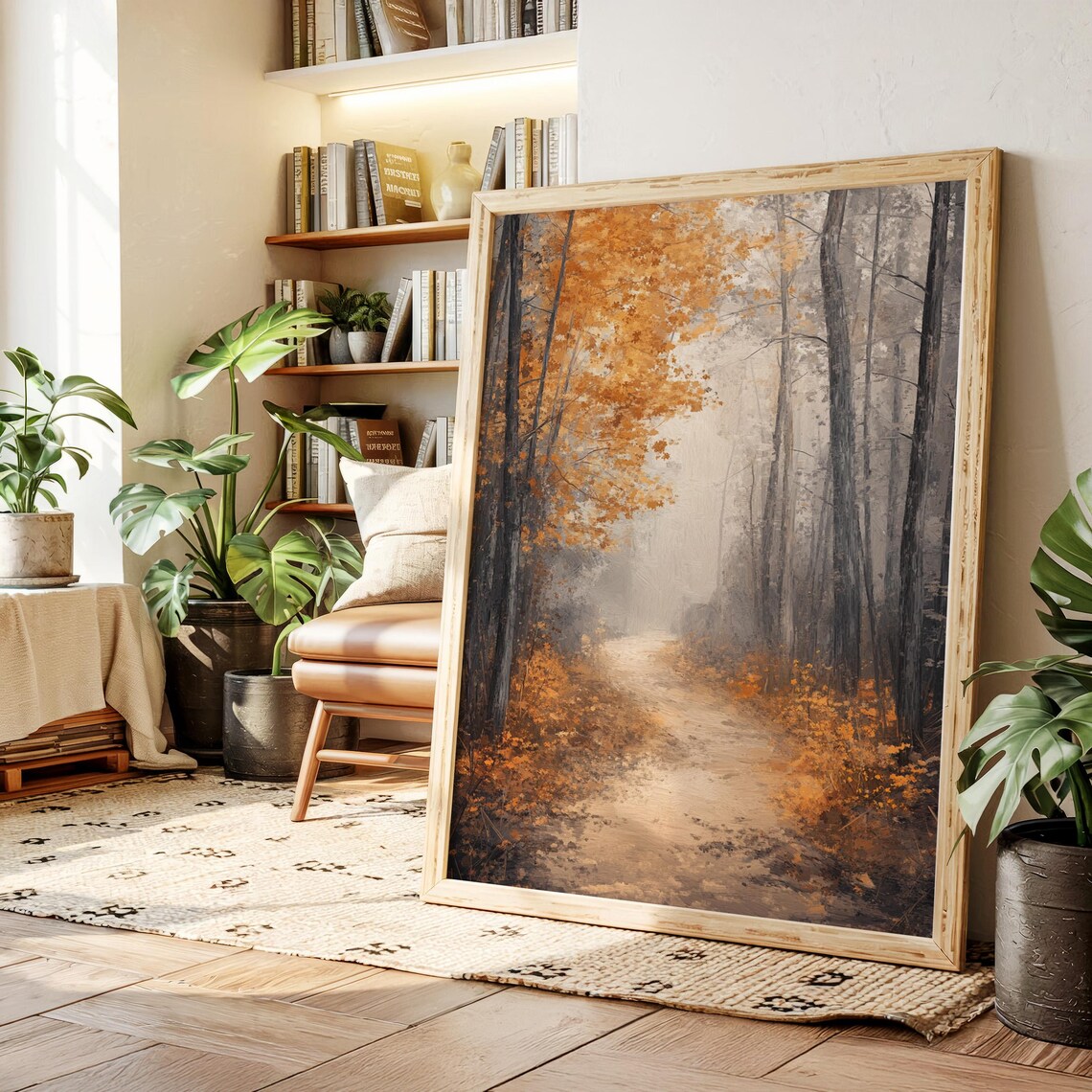 Misty Autumn Forest Path Warm Orange Foliage Oil Painting Poster