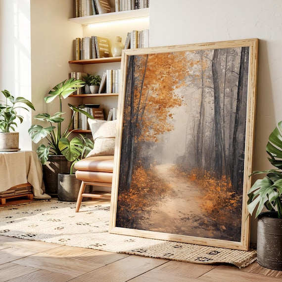 Misty Autumn Forest Path Warm Orange Foliage Oil Painting Poster