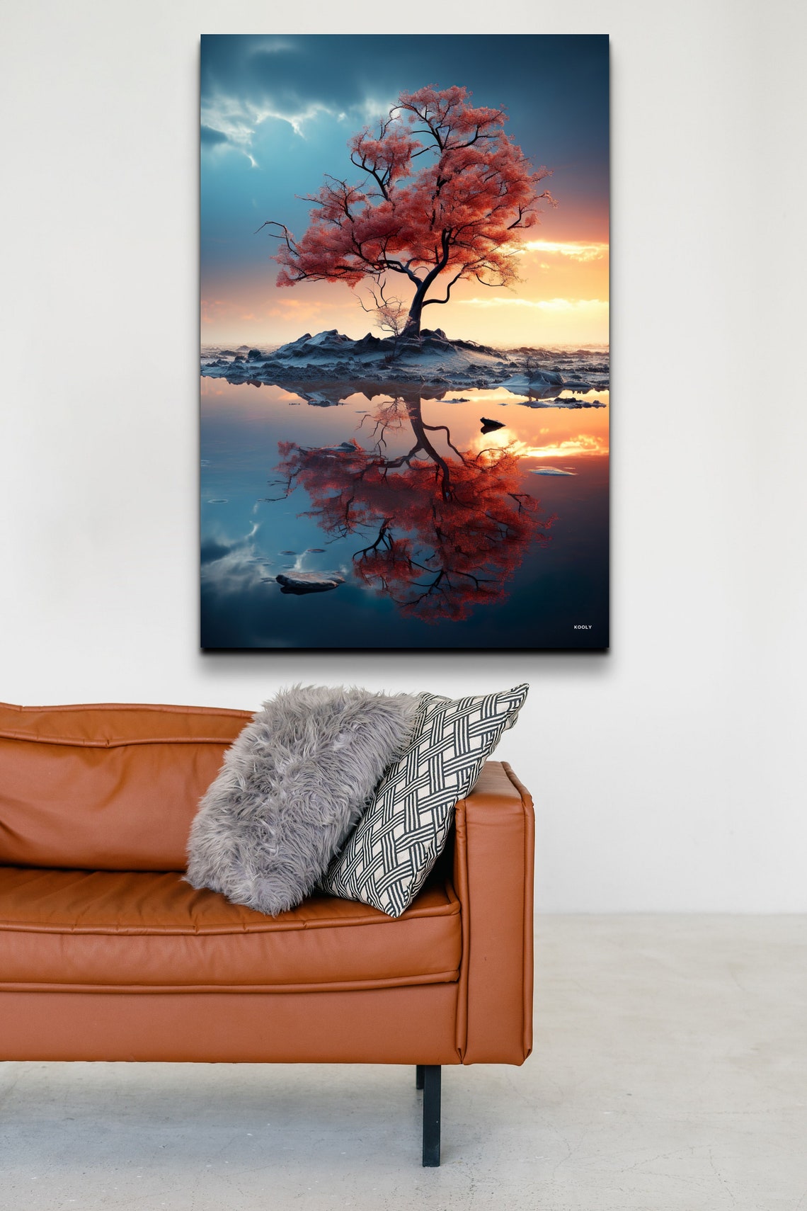 Red Tree Island Mirror Reflection Lake Sunset Serene Art Poster - Image 3