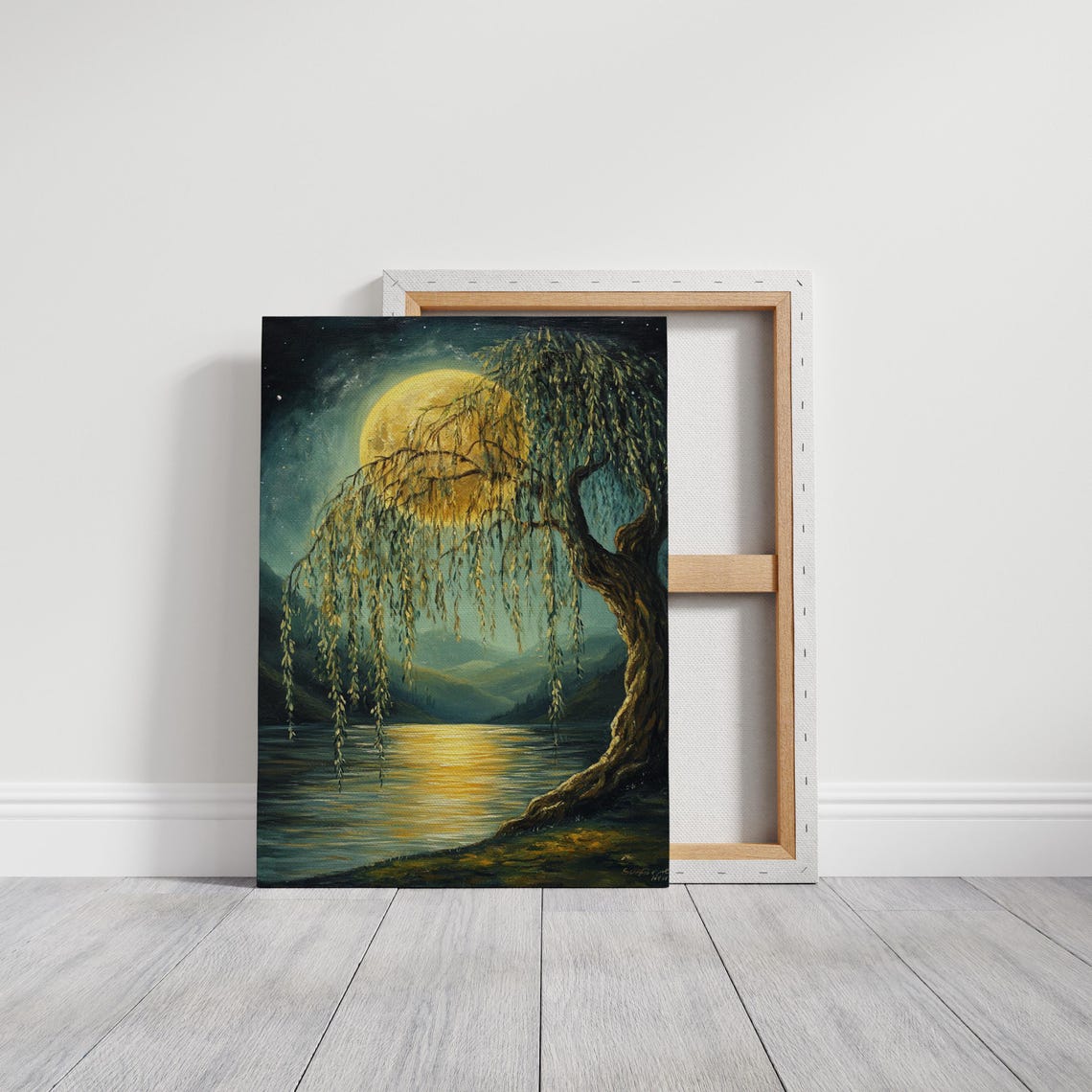 Golden Moon Glowing Behind Weeping Willow Over Lake Art Poster - Image 3
