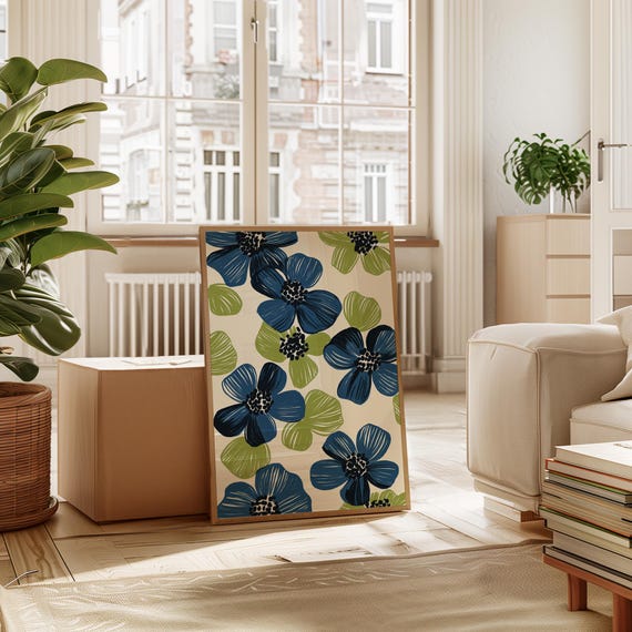 Blue And Green Floral Pattern Bold Modern Botanical Wall Art