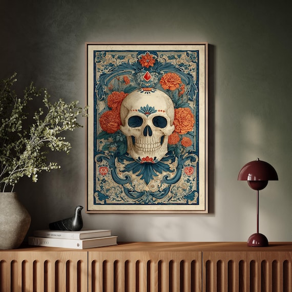 Ornate Skull With Marigolds Blue Folk Art Day Of Dead Poster