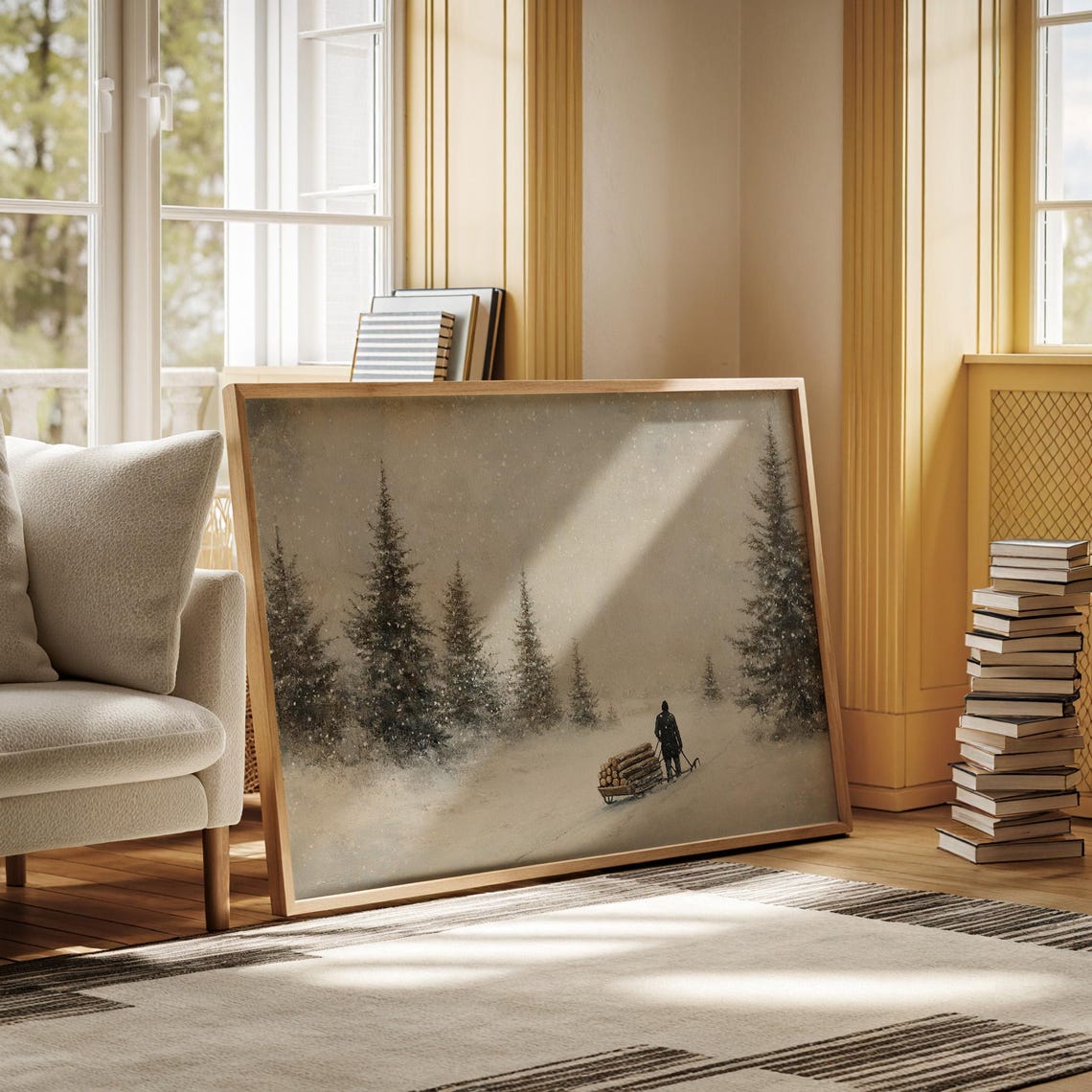 Minimalist Winter Forest Log Sled Journey in Falling Snow Art Poster - Image 7