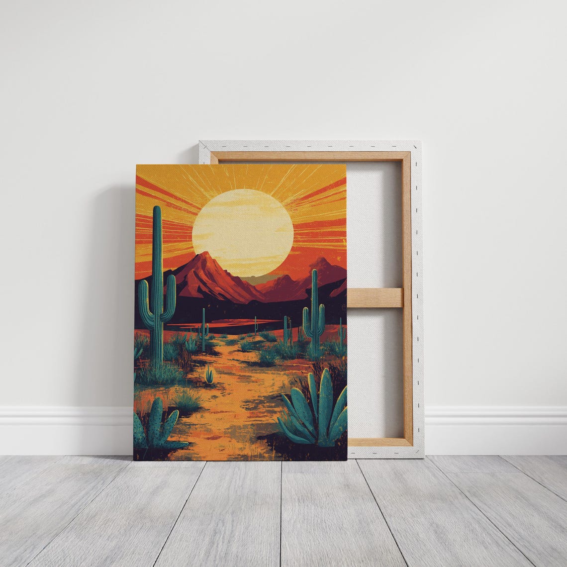 Bold Orange Sun Rising Over Red Mountain Cactus Desert Poster - Image 5