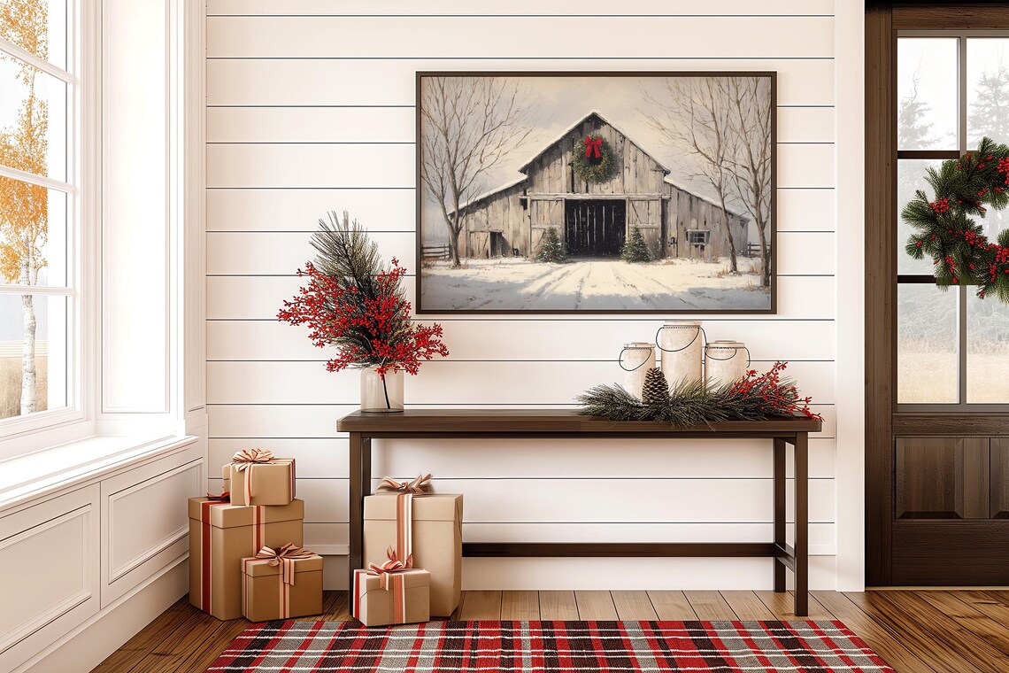 Rustic Barn Christmas Poster Print, Winter Farmhouse