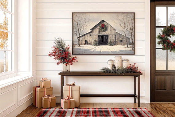 Rustic Barn Christmas Poster Print, Winter Farmhouse