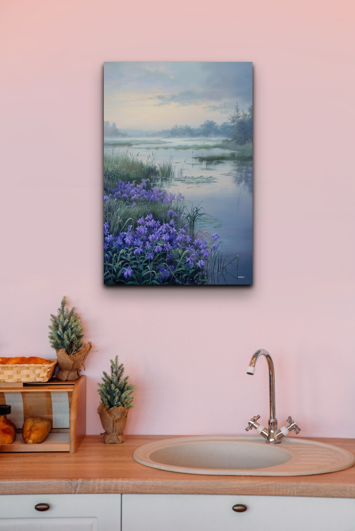 Purple Wildflower Meadow Along Misty River Nature Wall Poster - Image 7