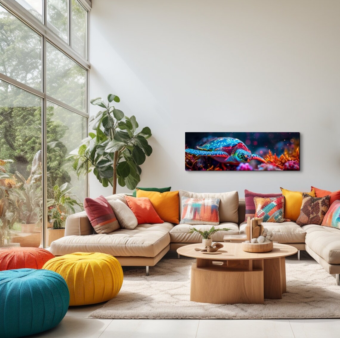 Sea Turtle Neon Glow Over Coral Panoramic Underwater Art Poster - Image 7