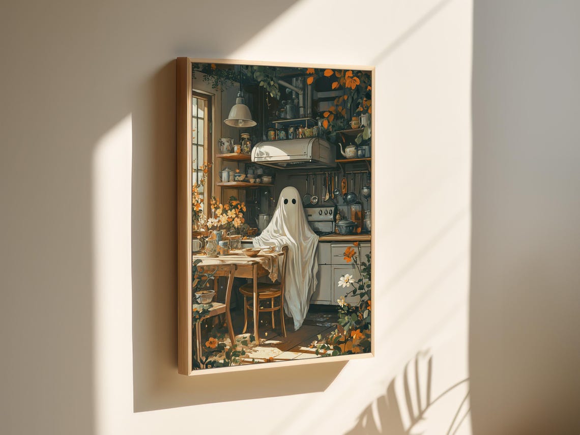 Cute Ghost In Rustic Farmhouse Kitchen Autumn Leaves Fall Wall Art - Image 3