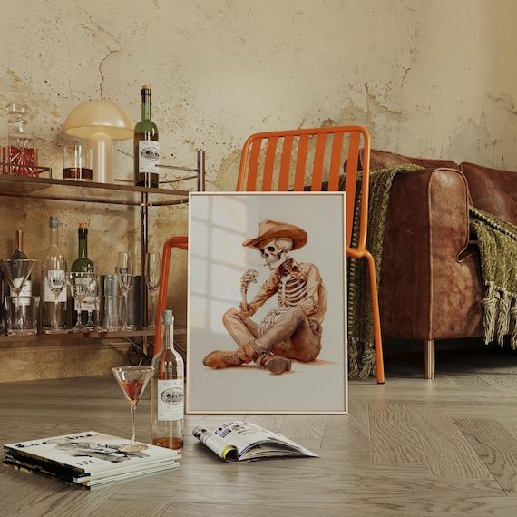 Cowboy Skeleton Smoking Rustic Western Watercolor Halloween Poster