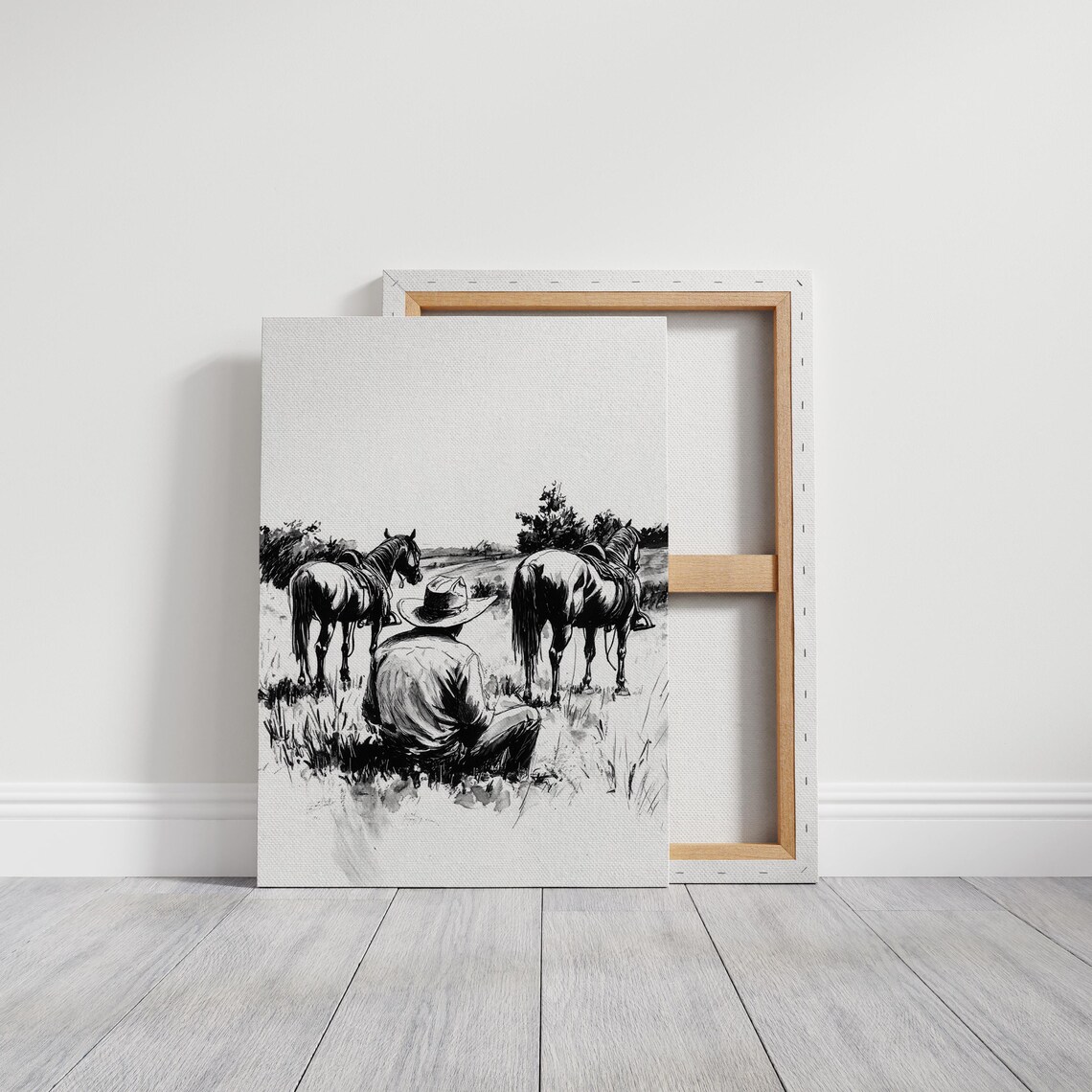 Seated Cowboy with Two Horses in Open Prairie Ink Sketch Poster - Image 3