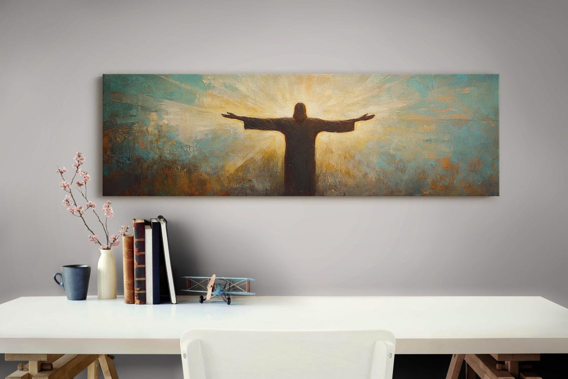 Jesus Christ Silhouette Outstretched Arms Radiant Golden Light Poster - Image 4