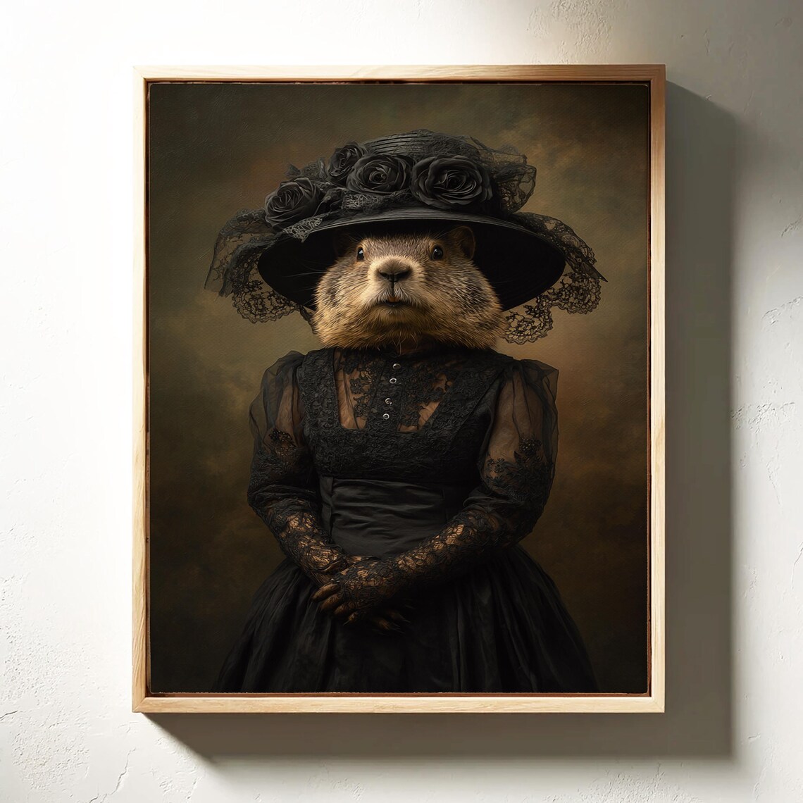 Groundhog in Black Victorian Lace Dress and Rose Hat Portrait Poster