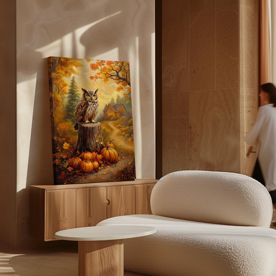 Autumn Owl on a Tree Stump Fall Pumpkin Forest Cabin Scenic Poster - Image 4