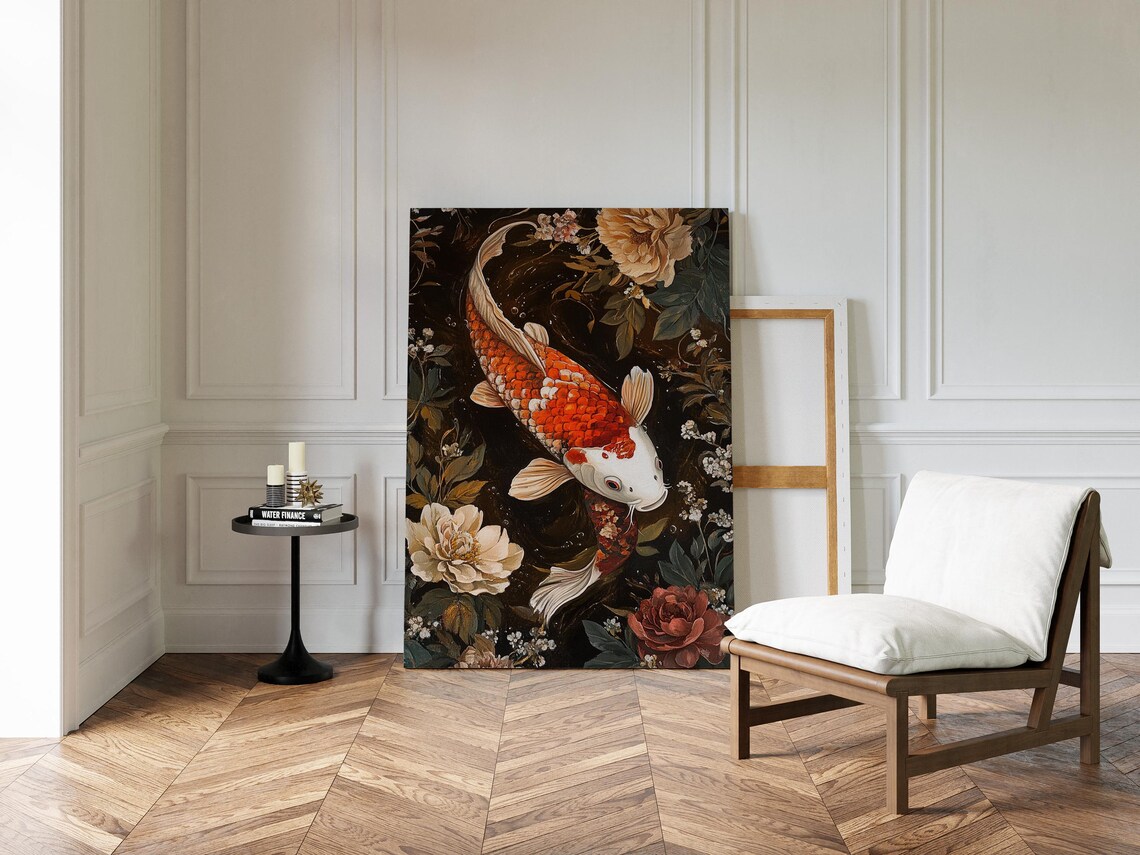 Elegant Koi Fish Red White Peonies Dark Floral Painting Poster - Image 5