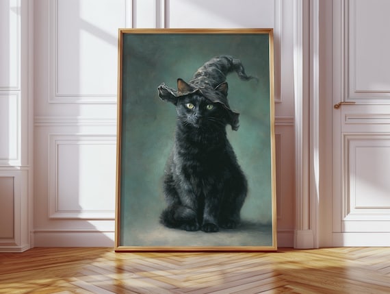 Black Cat In Witch Hat Canvas Wall Art Mystical Halloween Dcor Spooky Gothic Animal Portrait Painting For Home Office Or Seasonal Display
