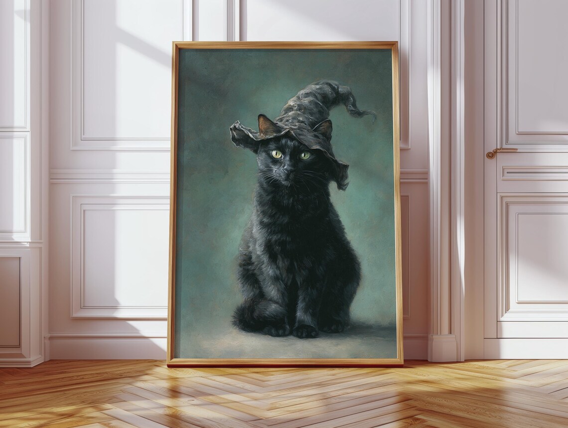 Black Cat Wearing Witch Hat Halloween Moody Oil Painting Cat Poster