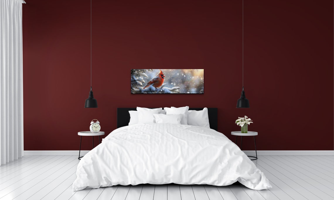 Red Cardinal Perched on a Snow Covered Pine Branch Panoramic Poster - Image 5
