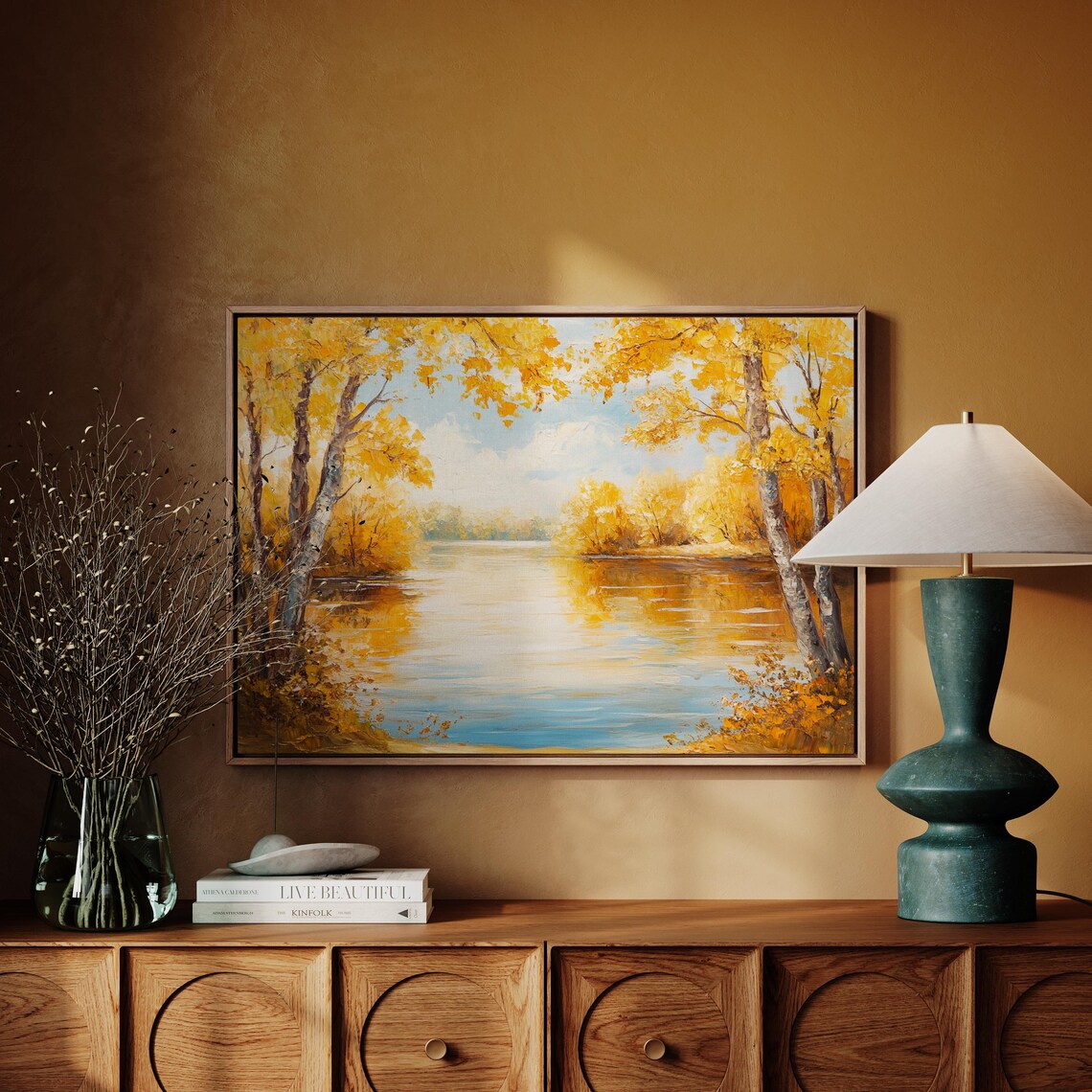 Golden Autumn Lake with Birch Trees and Reflective Waters Nature Poster