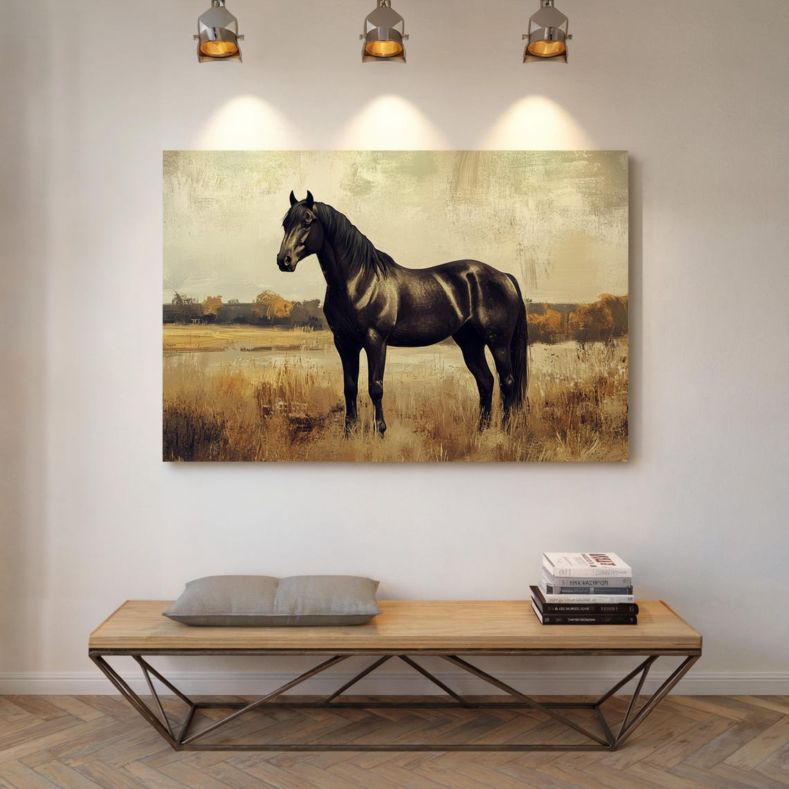 Majestic Black Horse Standing In Golden Wheat Field Rustic Farm Poster - Image 2
