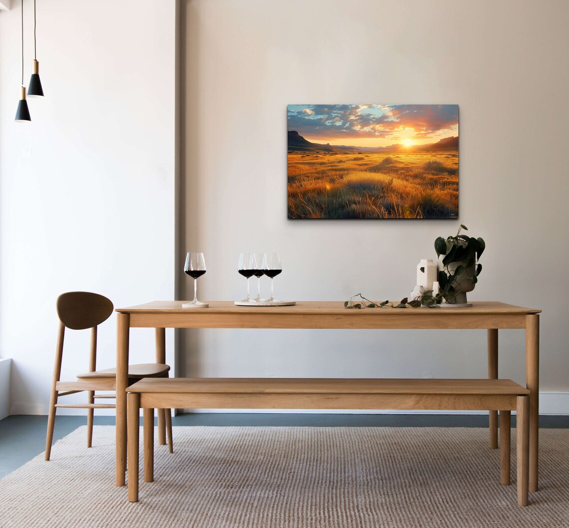 Golden Prairie Sunset Over Grassland Hills Horizon Painting Wall Art - Image 4