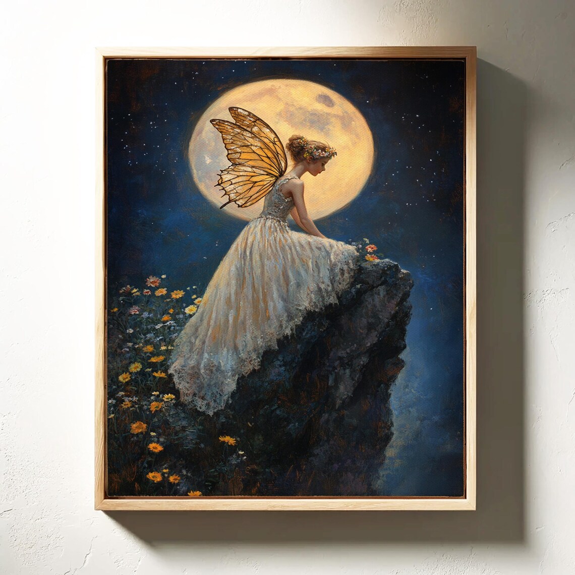 Fairy With Golden Wings On Moonlit Cliff Full Moon Fantasy Night Wall Poster - Image 2
