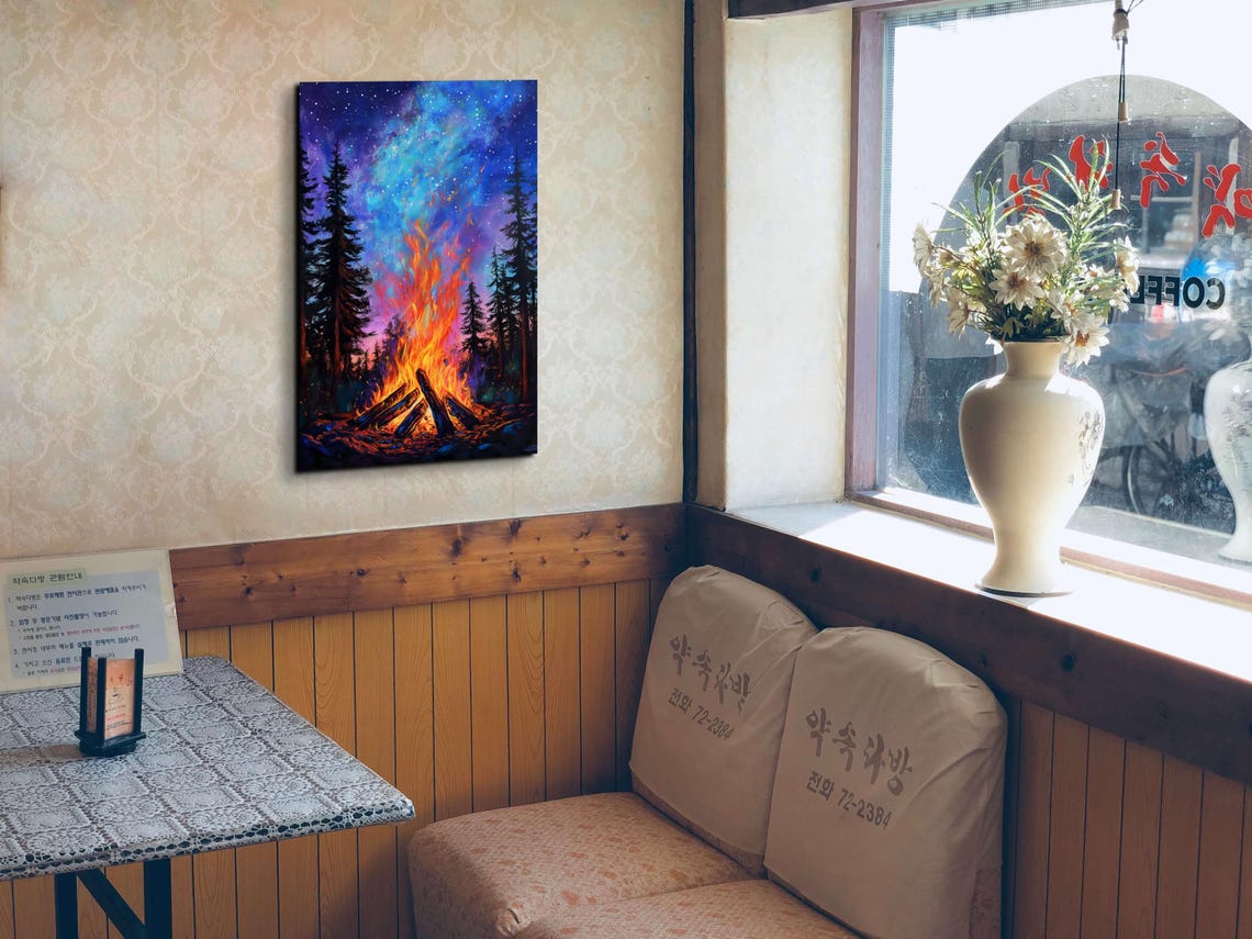 Blazing Campfire Starry Night Pine Forest Glow Warm Art Poster - Image 3
