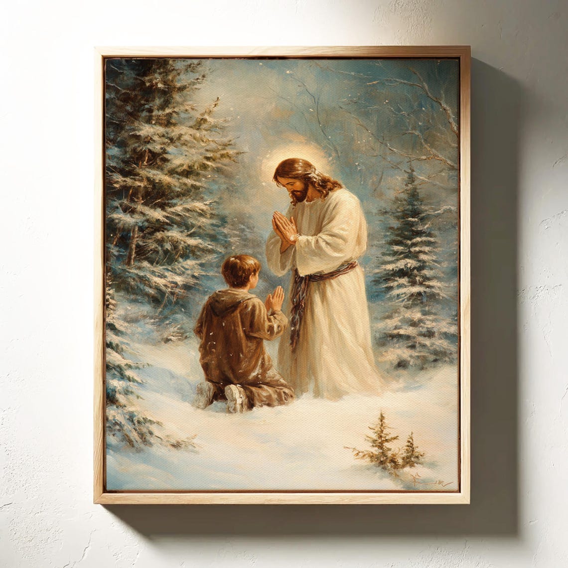 Jesus Praying With a Kneeling Boy in a Snowy Winter Forest Poster - Image 3