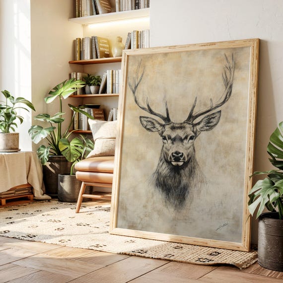 Vintage Elk Sketch Canvas Wall Art Rustic Lodge Deer Poster Neutral Wildlife Print Cabin Decor Handdrawn Antler Animal
