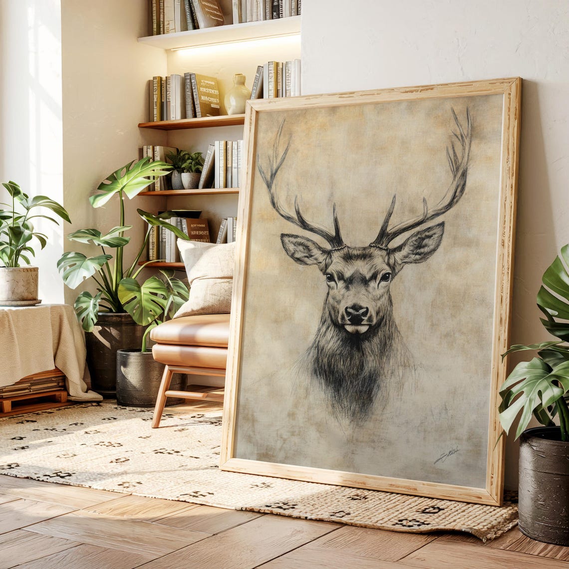 Vintage Elk Deer Sketch Rustic Wildlife Cabin Neutral Lodge Poster