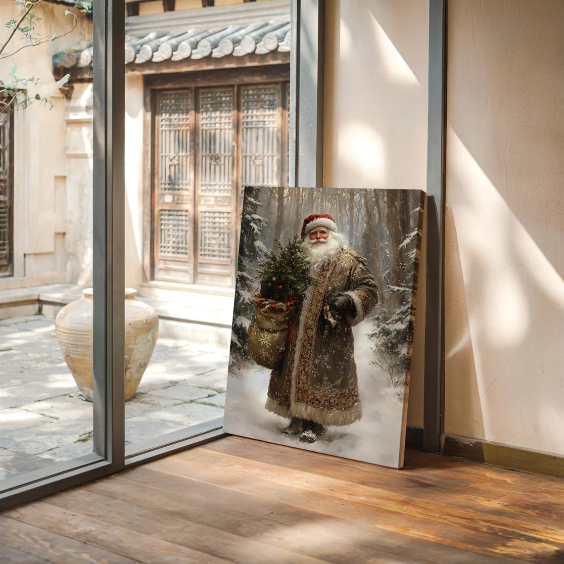 Vintage Santa Claus In Snowy Forest Rustic Christmas Wall Art - Image 4