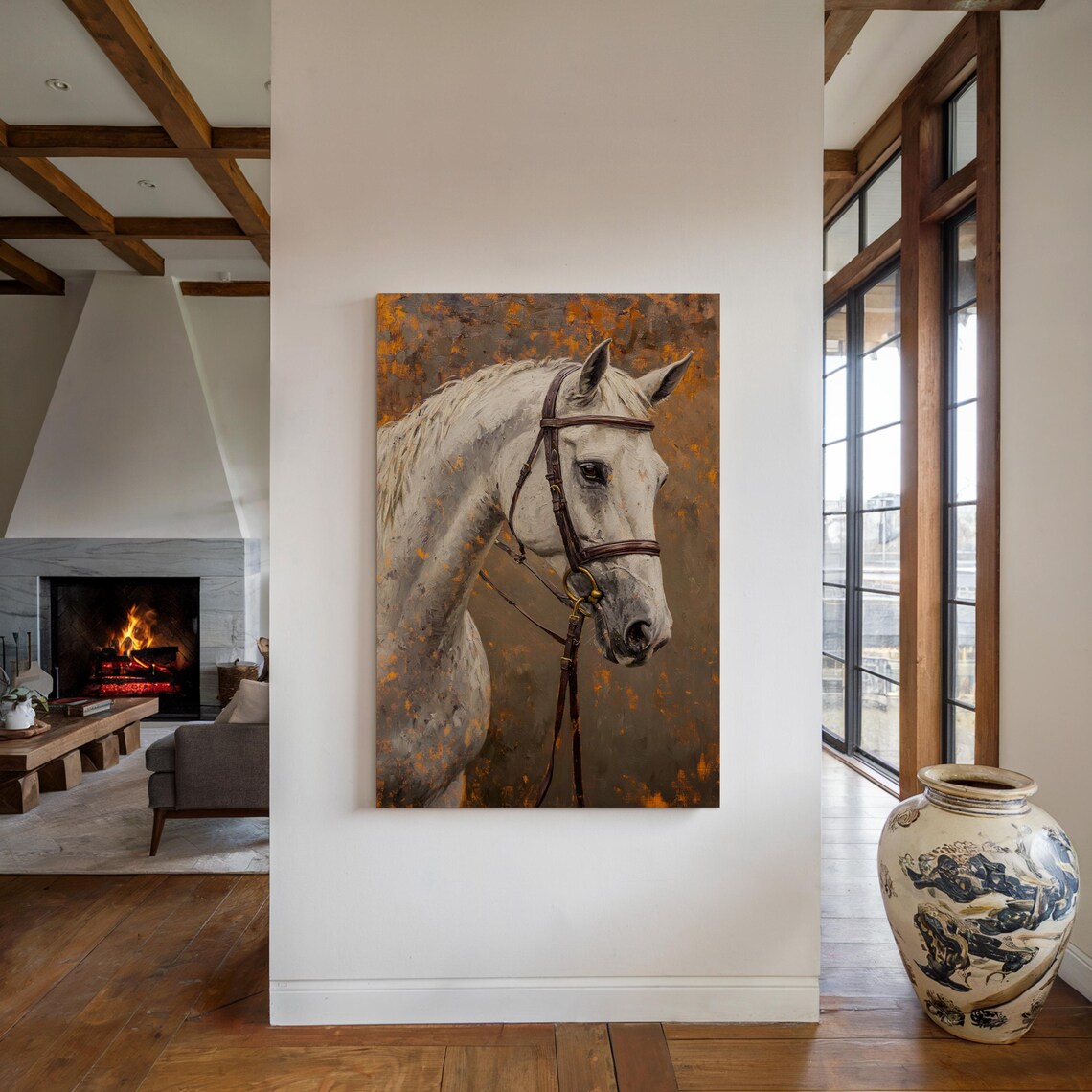 Elegant White Horse Head Portrait Rustic Oil Painting Animal Poster - Image 5