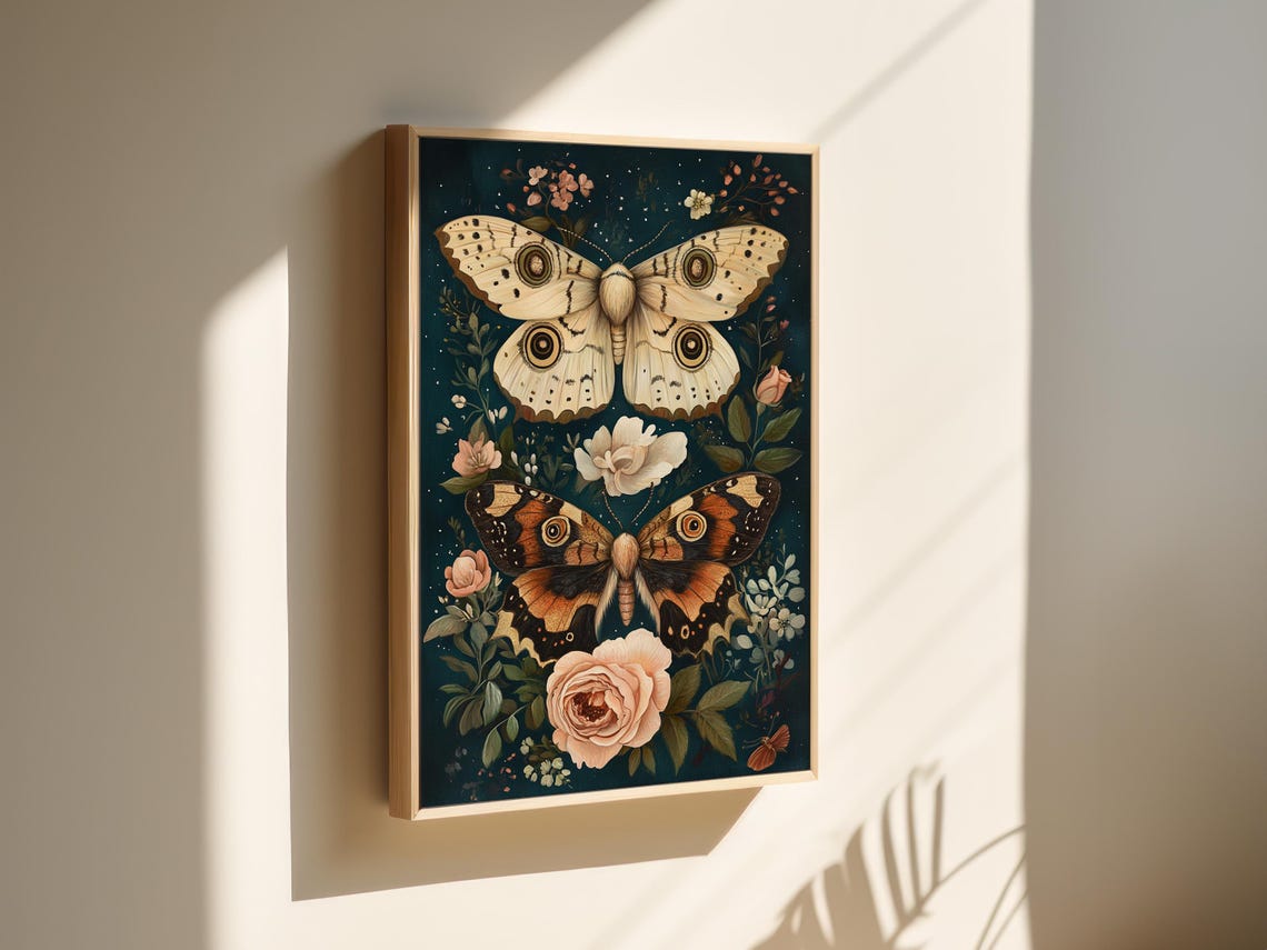 Vintage Moth Duo With Roses On Dark Teal Starry Botanical Art Poster - Image 3