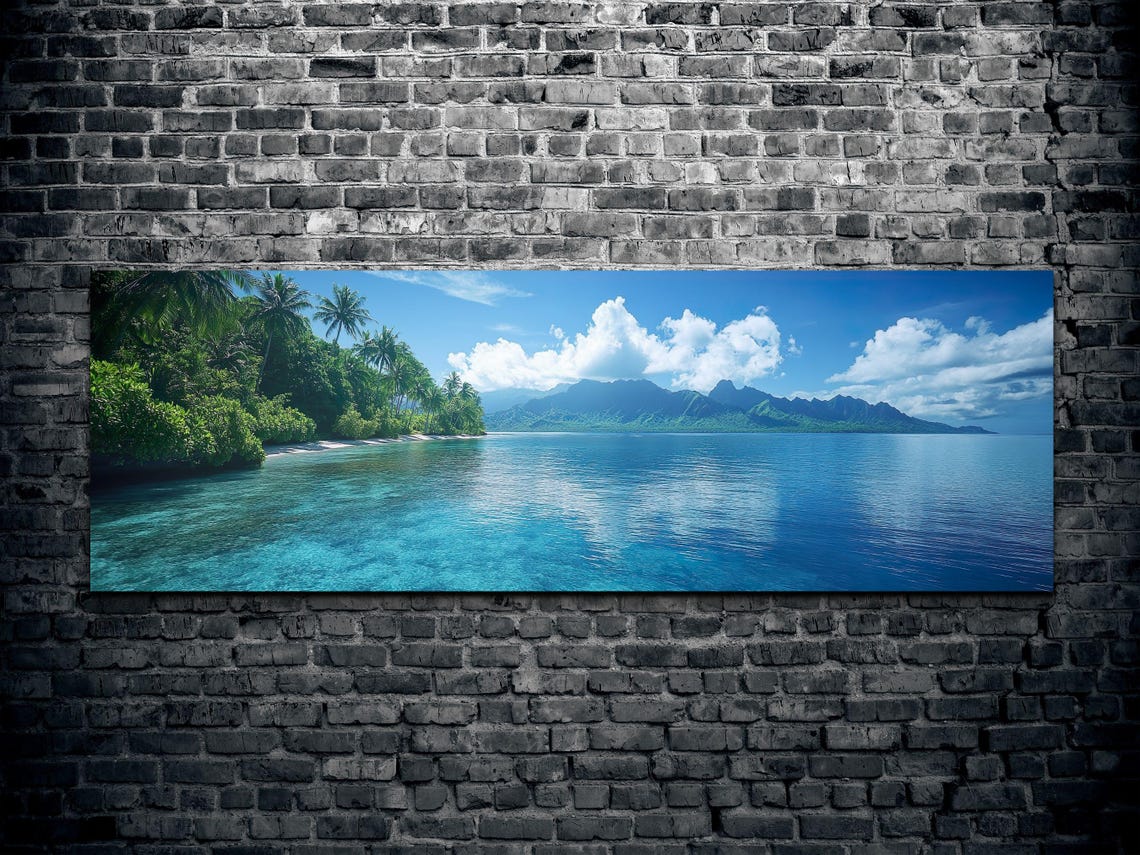 Palm Tree Beach Turquoise Ocean Mountain View Panoramic Poster - Image 2