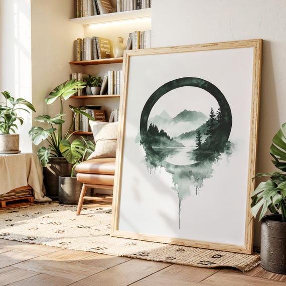 Zen Ink Circle Mountain Canvas Wall Art Minimalist Black White Landscape With Pines And Lake Calming Nature Poster For Home Decor