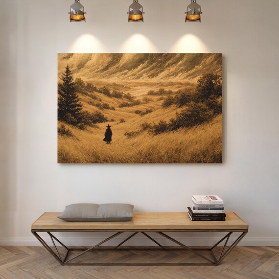 Lone Witch Walking Golden Wheat Fields Sepia Landscape Poster