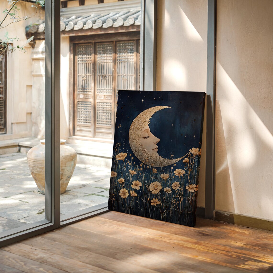Crescent Moon With Floral Design, Dreamy Night Sky - Image 6