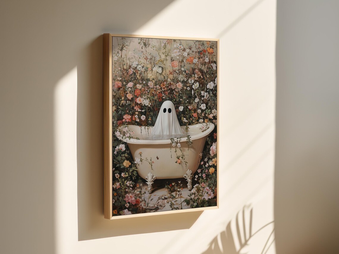 Whimsical Ghost Bathing In Vintage Tub Among Wildflowers Canvas Poster - Image 3