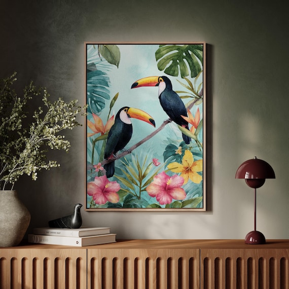 Colorful Tropical Toucans Poster With Bright Jungle Flowers Art