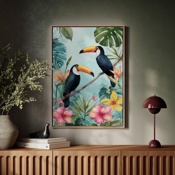 Tropical Toucans Among Bright Jungle Flowers
