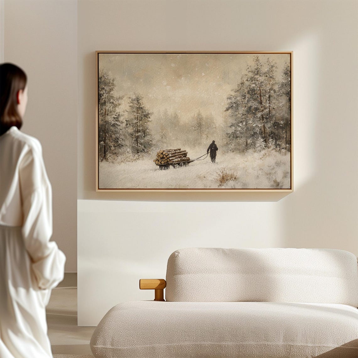 Lone Woodsman Pulling a Log Sled Through Deep Winter Snow Poster - Image 7