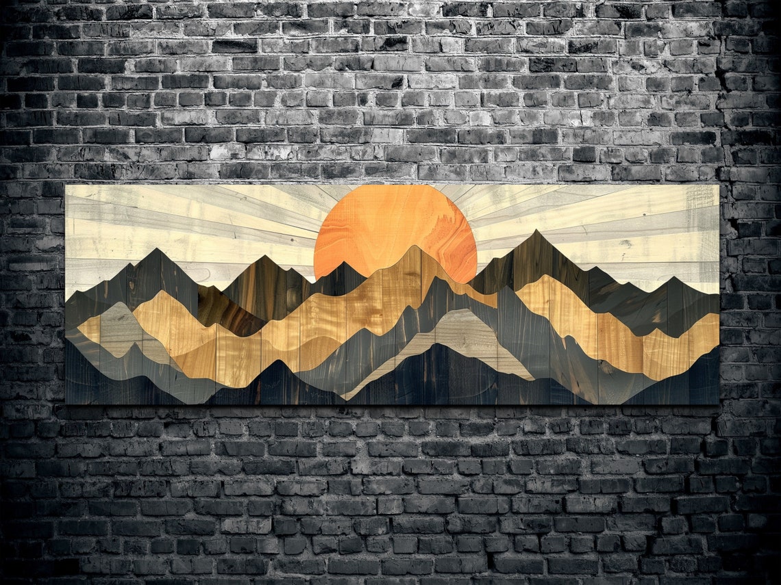 Wood Style Mountain Range Layered Peaks with Sunrise Art Poster - Image 2