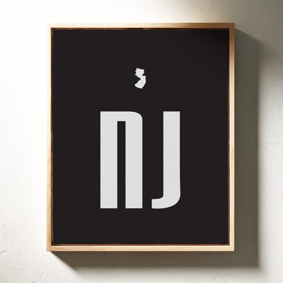 New Jersey State Abbreviation Wall Art Minimalist Black White
