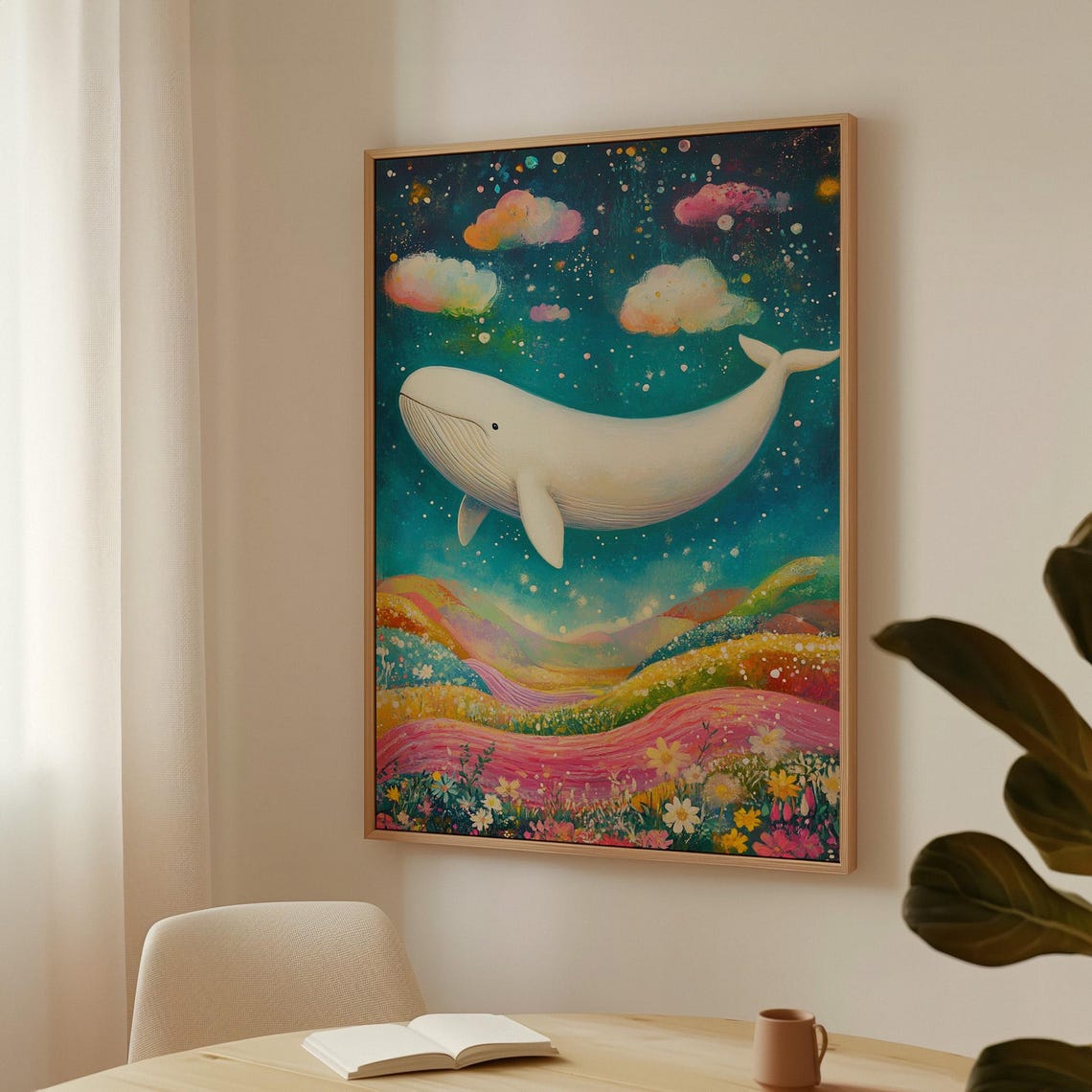 White Whale Soaring Above Rainbow Flower Hills Starry Sky Poster